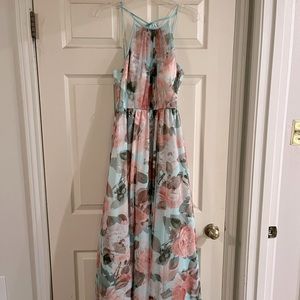 Blue and Pink Floral Prom Dress